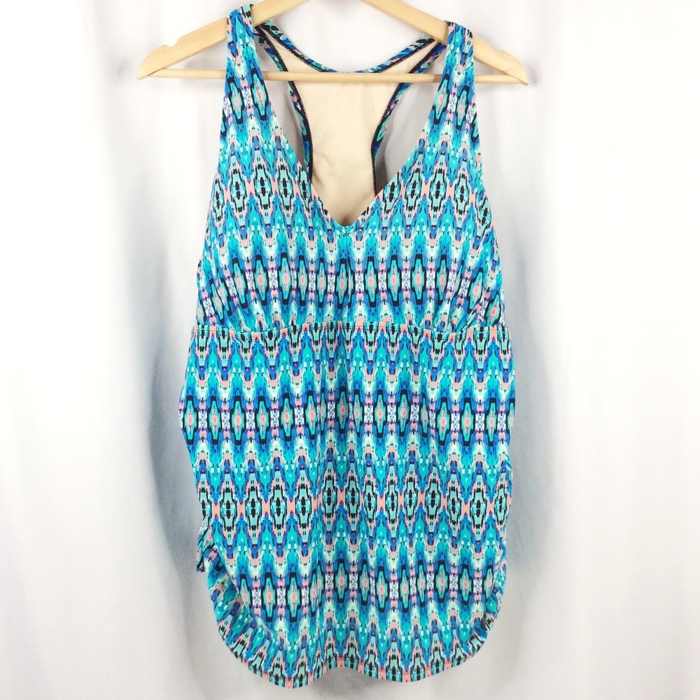 Ava & Viv Women's Plus Size Ikat Swim Tankini Top Size 18W Aqua Multicolor